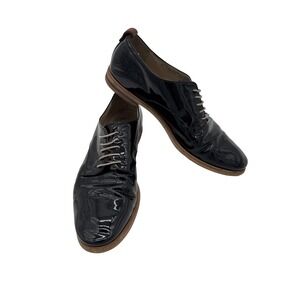 AGL Italy Womens Oxford Size 9  39 Black Patent Lace Up Flat Loafer Dress Shoe